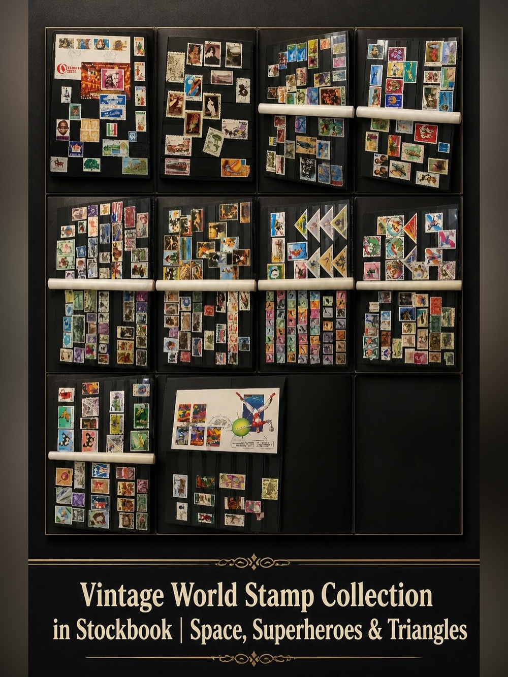 Vintage World Stamp Collection in Stockbook | Space, Superheroes & Triangles